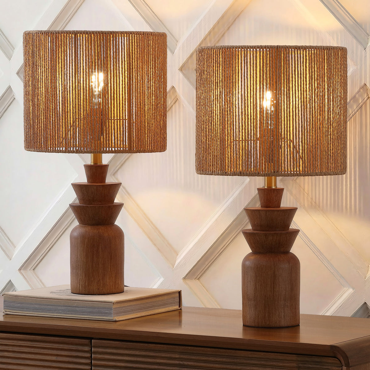 Anderson 22" Bohemian Coastal Tiered Totem Resin with Hand-Woven Paper Rope Drum Shade LED Table Lamp, Set of 2