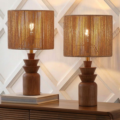 Anderson 22" Bohemian Coastal Tiered Totem Resin with Hand-Woven Paper Rope Drum Shade LED Table Lamp, Set of 2