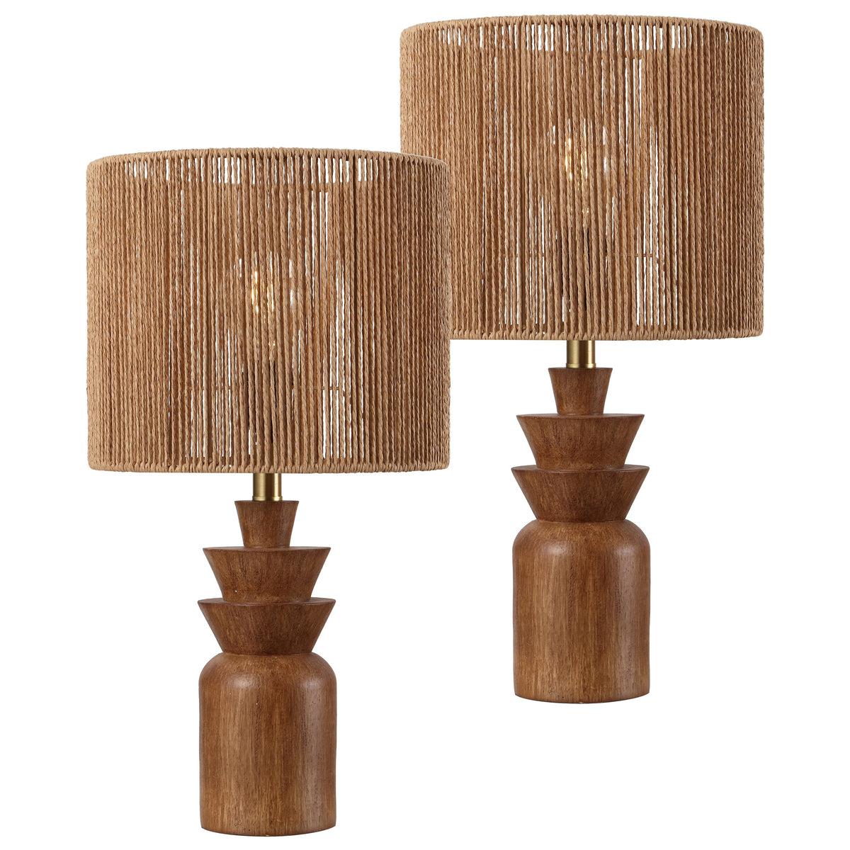 Anderson 22" Bohemian Coastal Tiered Totem Resin with Hand-Woven Paper Rope Drum Shade LED Table Lamp, Set of 2