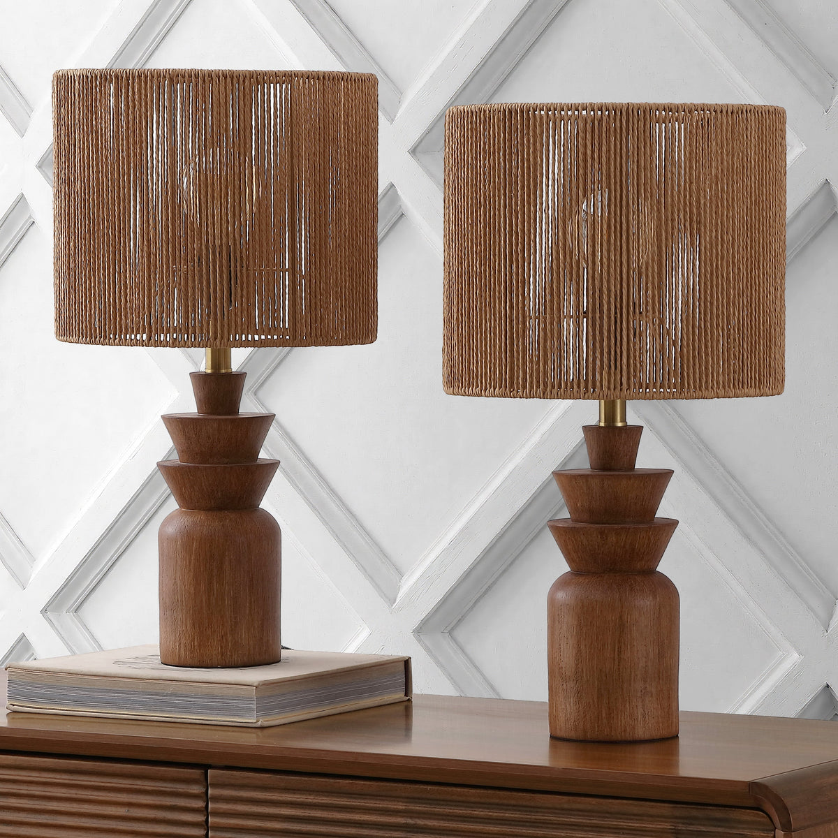Anderson 22" Bohemian Coastal Tiered Totem Resin with Hand-Woven Paper Rope Drum Shade LED Table Lamp, Set of 2