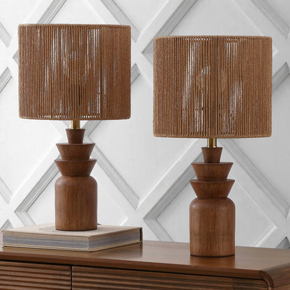 Anderson 22" Bohemian Coastal Tiered Totem Resin with Hand-Woven Paper Rope Drum Shade LED Table Lamp, Set of 2