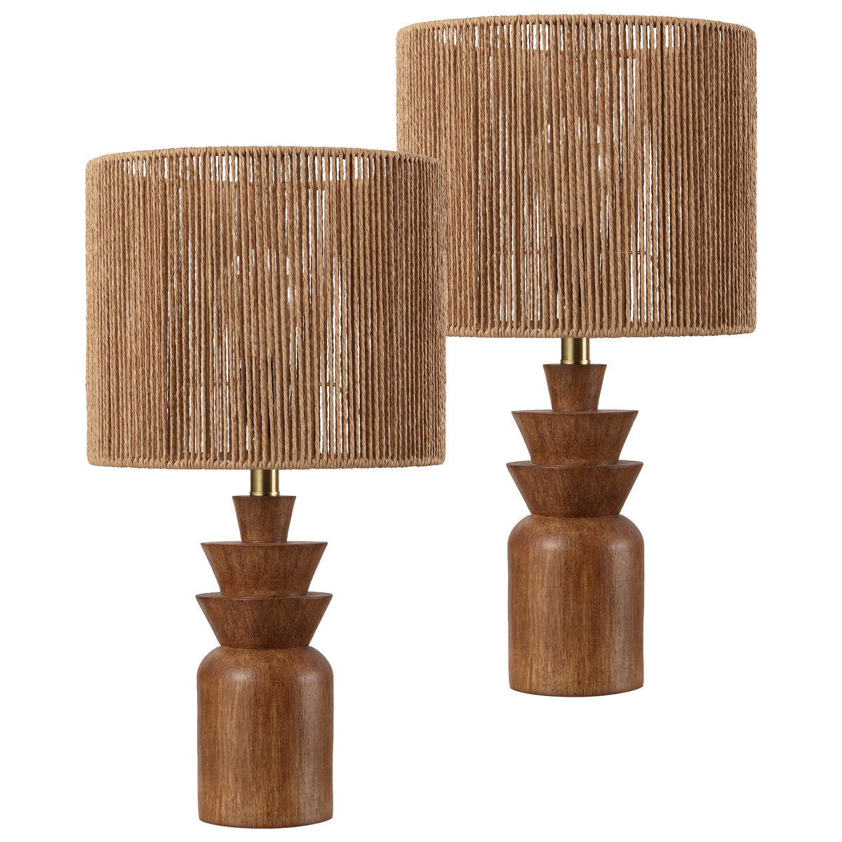 Anderson 22" Bohemian Coastal Tiered Totem Resin with Hand-Woven Paper Rope Drum Shade LED Table Lamp, Set of 2