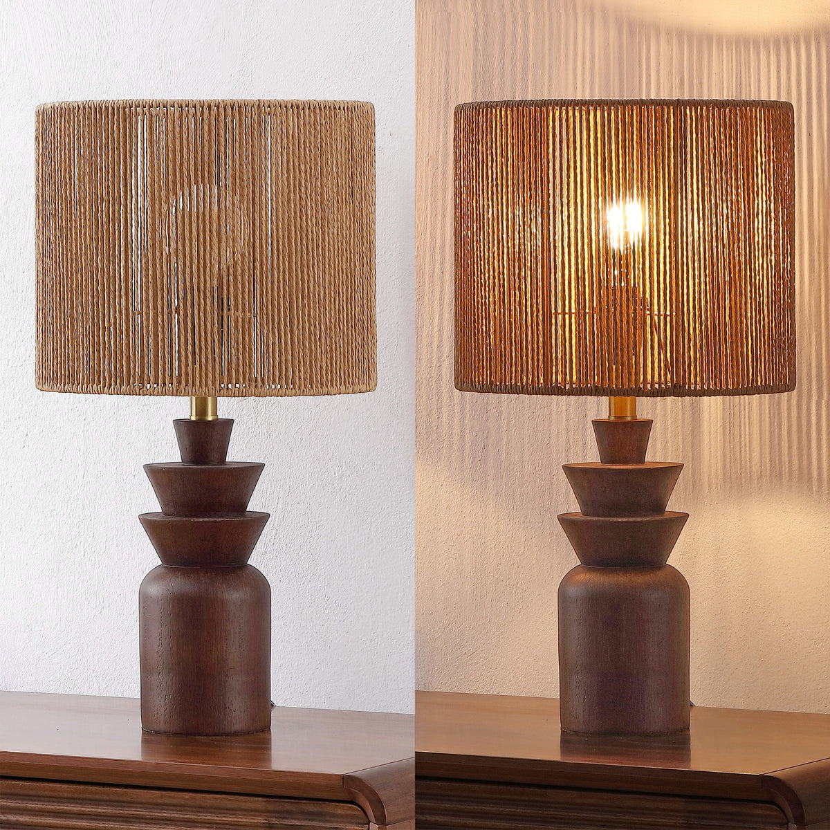 Anderson 22" Bohemian Coastal Tiered Totem Resin with Hand-Woven Paper Rope Drum Shade LED Table Lamp, Set of 2