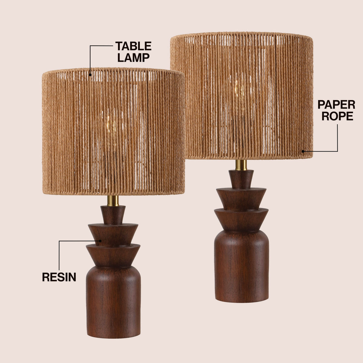 Anderson 22" Bohemian Coastal Tiered Totem Resin with Hand-Woven Paper Rope Drum Shade LED Table Lamp, Set of 2