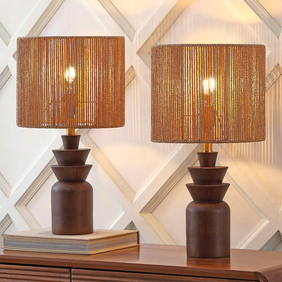 Anderson 22" Bohemian Coastal Tiered Totem Resin with Hand-Woven Paper Rope Drum Shade LED Table Lamp, Set of 2