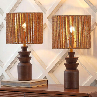 Anderson 22" Bohemian Coastal Tiered Totem Resin with Hand-Woven Paper Rope Drum Shade LED Table Lamp, Set of 2
