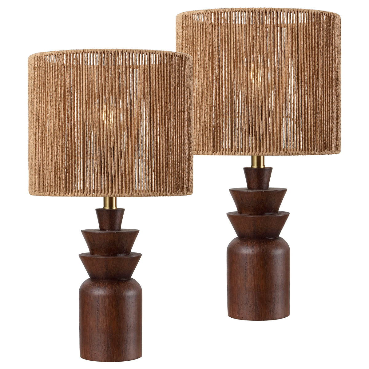 Anderson 22" Bohemian Coastal Tiered Totem Resin with Hand-Woven Paper Rope Drum Shade LED Table Lamp, Set of 2