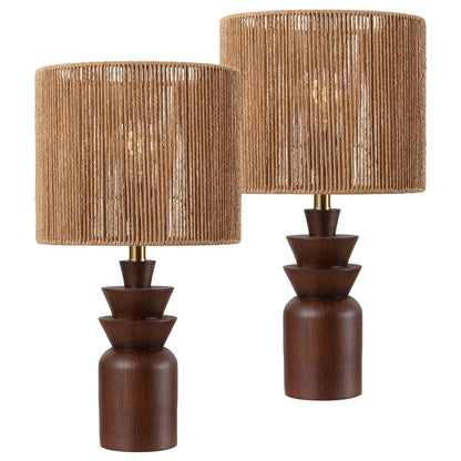 Anderson 22" Bohemian Coastal Tiered Totem Resin with Hand-Woven Paper Rope Drum Shade LED Table Lamp, Set of 2