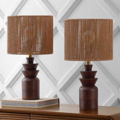 Anderson 22" Bohemian Coastal Tiered Totem Resin with Hand-Woven Paper Rope Drum Shade LED Table Lamp, Set of 2