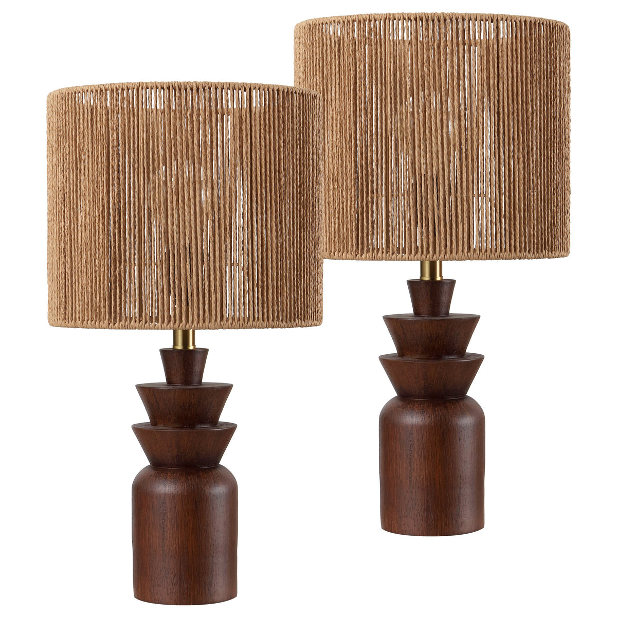 Anderson 22" Bohemian Coastal Tiered Totem Resin with Hand-Woven Paper Rope Drum Shade LED Table Lamp, Set of 2