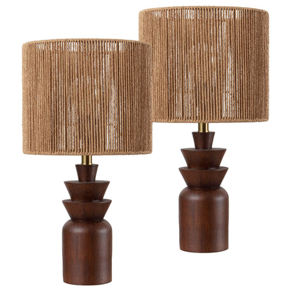 Anderson 22" Bohemian Coastal Tiered Totem Resin with Hand-Woven Paper Rope Drum Shade LED Table Lamp, Set of 2