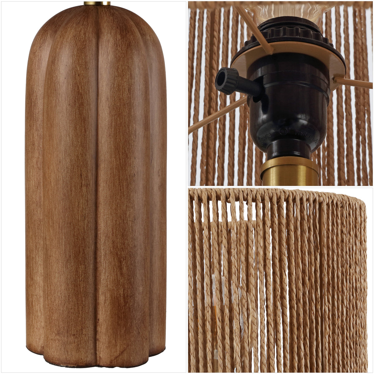 Hazel 24" Bohemian Coastal Fluted Scalloped Cylinder Resin with Hand-Woven Paper Rope Drum Shade LED Table Lamp, Set of 2
