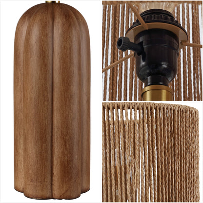 Hazel 24" Bohemian Coastal Fluted Scalloped Cylinder Resin with Hand-Woven Paper Rope Drum Shade LED Table Lamp, Set of 2