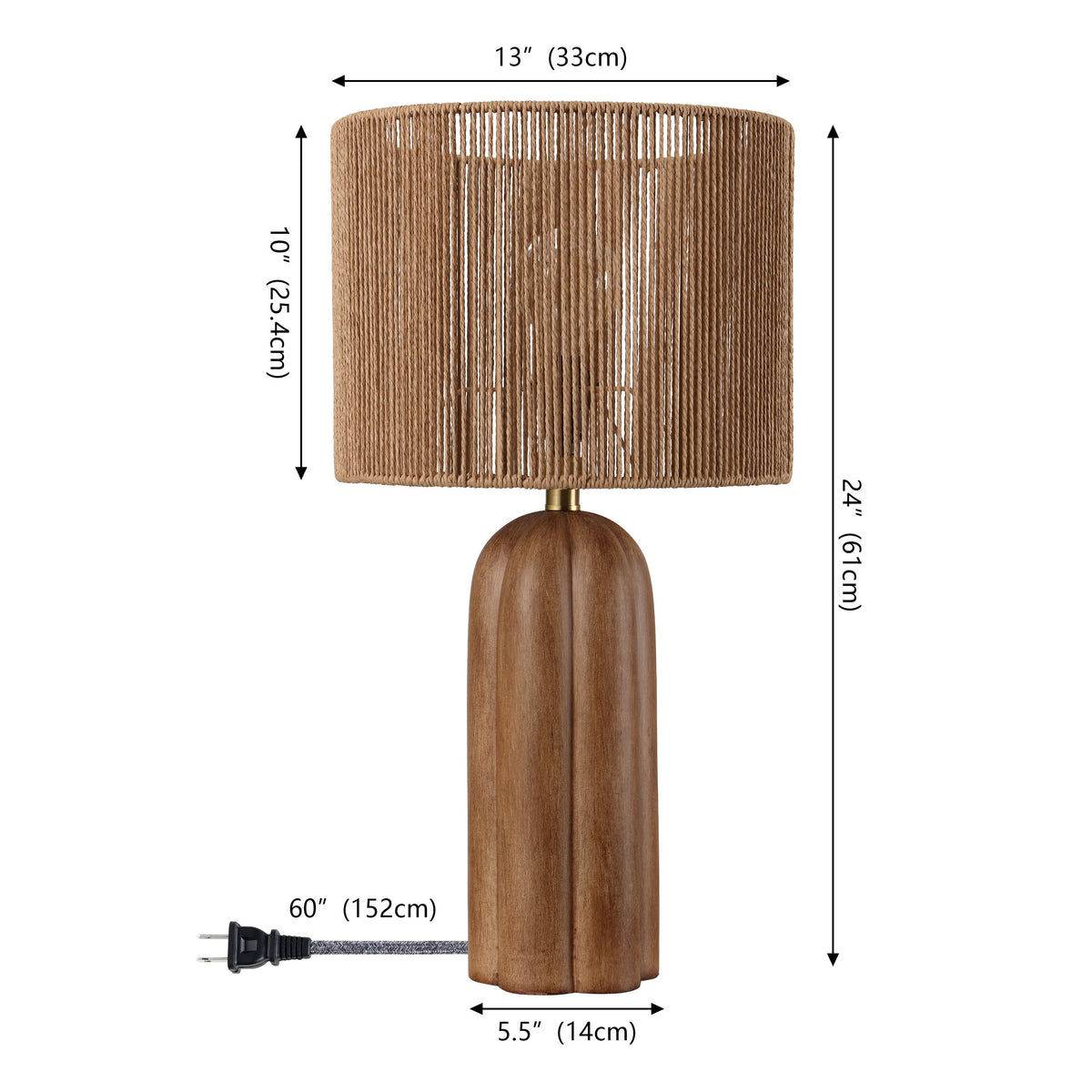 Hazel 24" Bohemian Coastal Fluted Scalloped Cylinder Resin with Hand-Woven Paper Rope Drum Shade LED Table Lamp, Set of 2