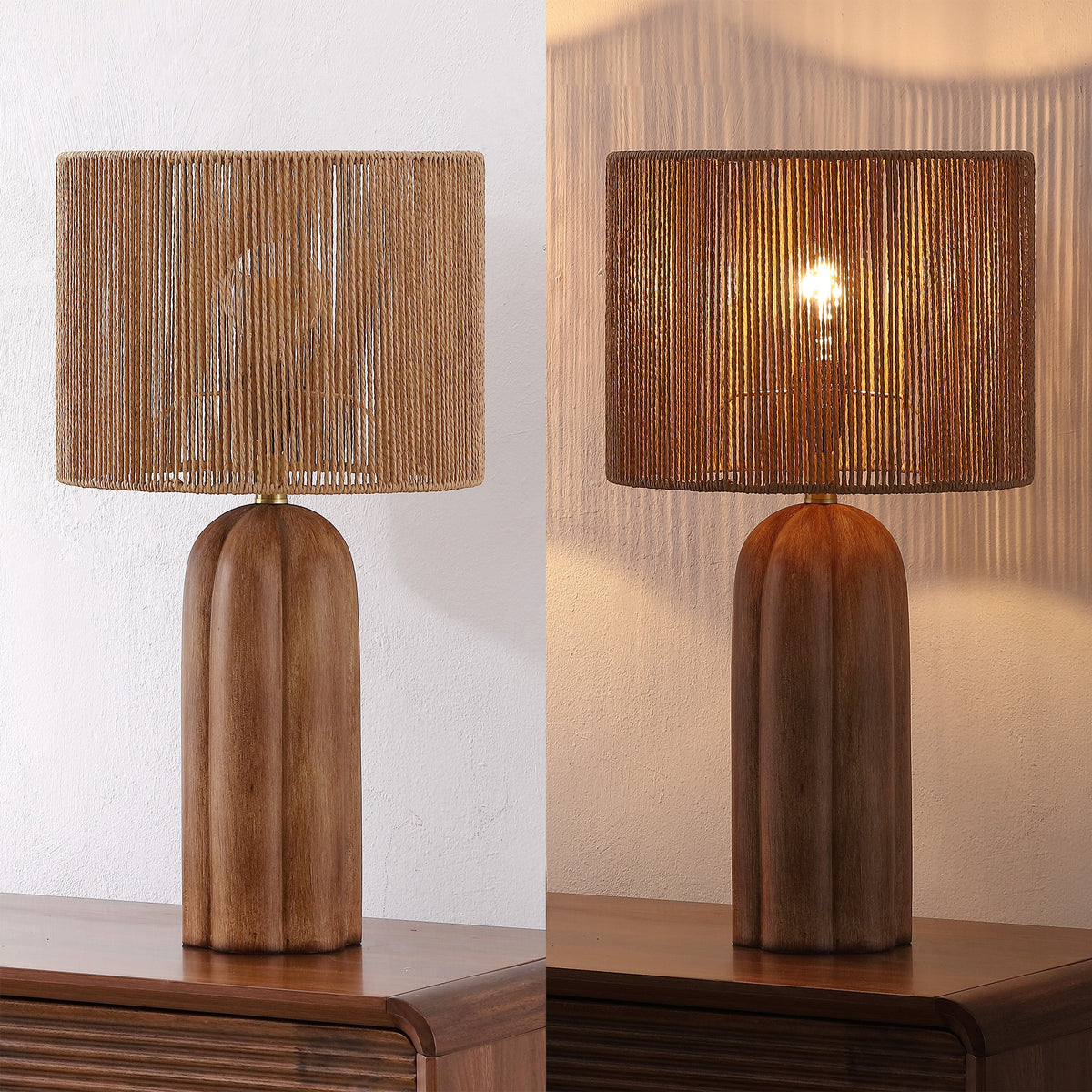 Hazel 24" Bohemian Coastal Fluted Scalloped Cylinder Resin with Hand-Woven Paper Rope Drum Shade LED Table Lamp, Set of 2