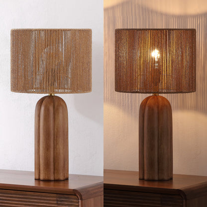 Hazel 24" Bohemian Coastal Fluted Scalloped Cylinder Resin with Hand-Woven Paper Rope Drum Shade LED Table Lamp, Set of 2