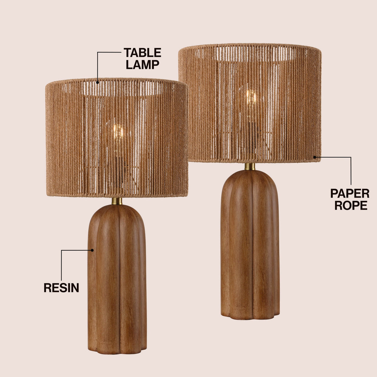 Hazel 24" Bohemian Coastal Fluted Scalloped Cylinder Resin with Hand-Woven Paper Rope Drum Shade LED Table Lamp, Set of 2