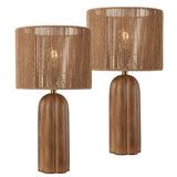 Hazel 24" Bohemian Coastal Fluted Scalloped Cylinder Resin with Hand-Woven Paper Rope Drum Shade LED Table Lamp, Set of 2