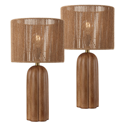 Hazel 24" Bohemian Coastal Fluted Scalloped Cylinder Resin with Hand-Woven Paper Rope Drum Shade LED Table Lamp, Set of 2