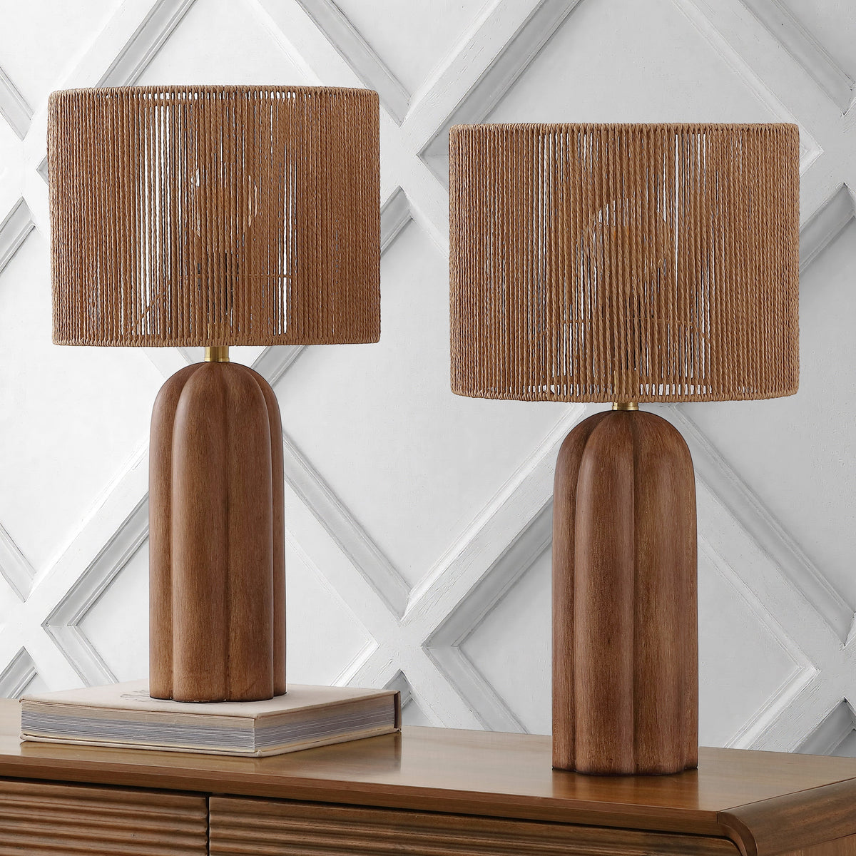 Hazel 24" Bohemian Coastal Fluted Scalloped Cylinder Resin with Hand-Woven Paper Rope Drum Shade LED Table Lamp, Set of 2