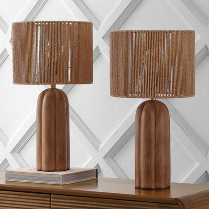 Hazel 24" Bohemian Coastal Fluted Scalloped Cylinder Resin with Hand-Woven Paper Rope Drum Shade LED Table Lamp, Set of 2