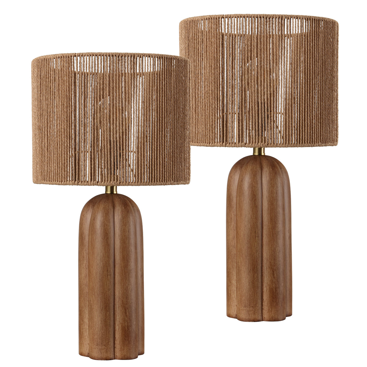 Hazel 24" Bohemian Coastal Fluted Scalloped Cylinder Resin with Hand-Woven Paper Rope Drum Shade LED Table Lamp, Set of 2