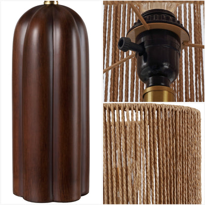 Hazel 24" Bohemian Coastal Fluted Scalloped Cylinder Resin with Hand-Woven Paper Rope Drum Shade LED Table Lamp, Set of 2