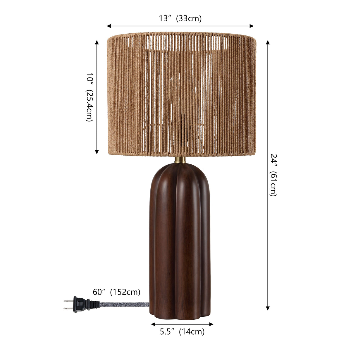 Hazel 24" Bohemian Coastal Fluted Scalloped Cylinder Resin with Hand-Woven Paper Rope Drum Shade LED Table Lamp, Set of 2