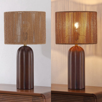Hazel 24" Bohemian Coastal Fluted Scalloped Cylinder Resin with Hand-Woven Paper Rope Drum Shade LED Table Lamp, Set of 2