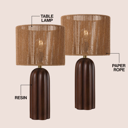 Hazel 24" Bohemian Coastal Fluted Scalloped Cylinder Resin with Hand-Woven Paper Rope Drum Shade LED Table Lamp, Set of 2