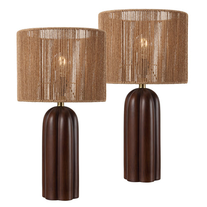 Hazel 24" Bohemian Coastal Fluted Scalloped Cylinder Resin with Hand-Woven Paper Rope Drum Shade LED Table Lamp, Set of 2