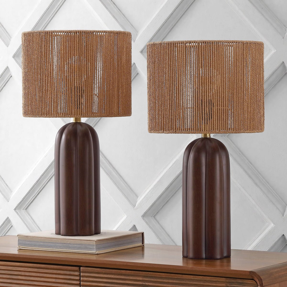Hazel 24" Bohemian Coastal Fluted Scalloped Cylinder Resin with Hand-Woven Paper Rope Drum Shade LED Table Lamp, Set of 2