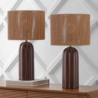 Hazel 24" Bohemian Coastal Fluted Scalloped Cylinder Resin with Hand-Woven Paper Rope Drum Shade LED Table Lamp, Set of 2