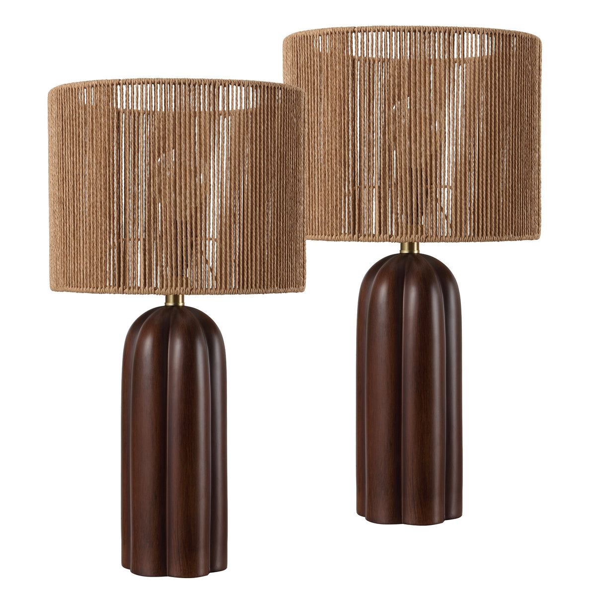 Hazel 24" Bohemian Coastal Fluted Scalloped Cylinder Resin with Hand-Woven Paper Rope Drum Shade LED Table Lamp, Set of 2