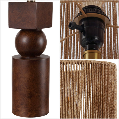 Lilian 24.5" Bohemian Casual Geometric Totem Resin with Hand-Woven Paper Rope Drum Shade LED Table Lamp, Set of 2