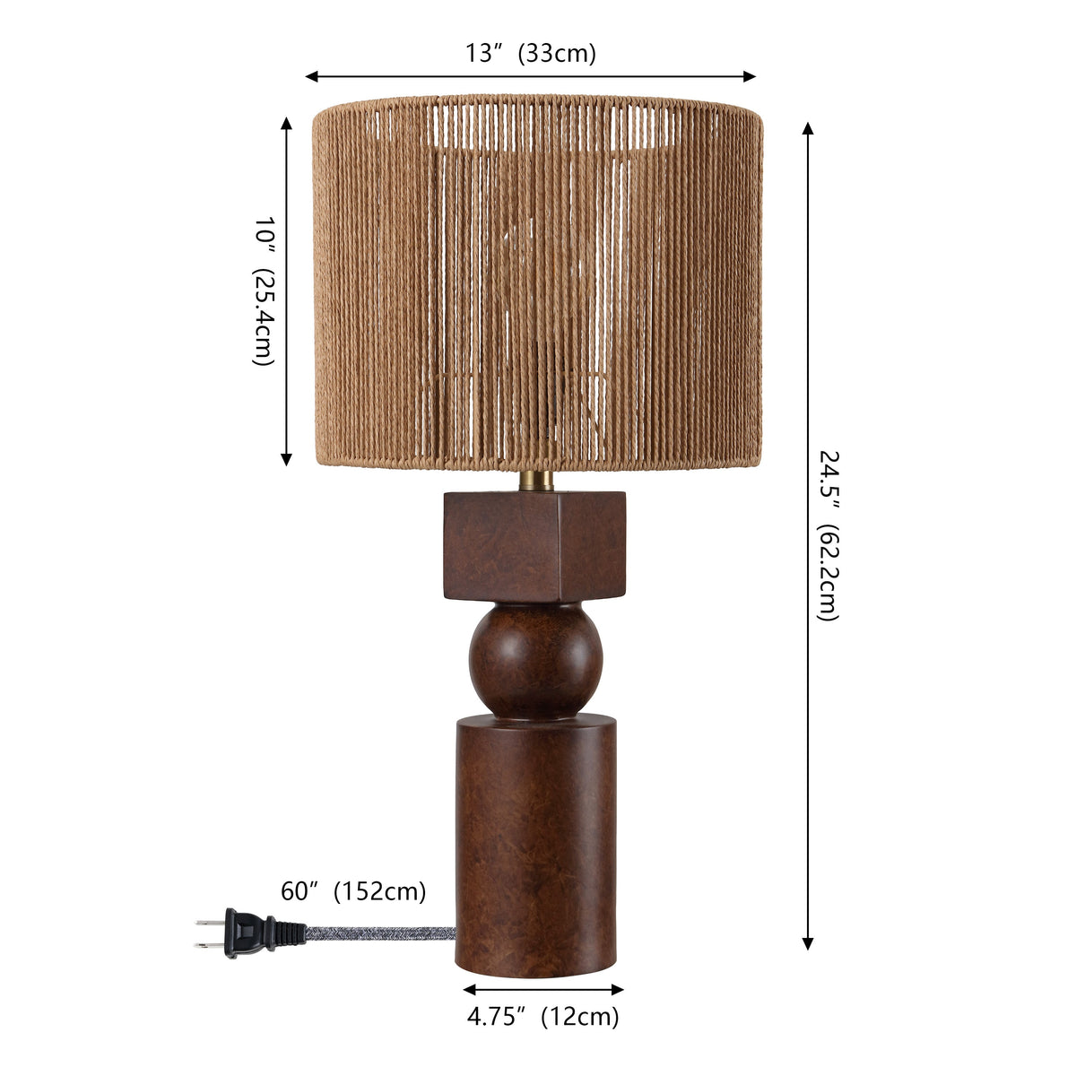 Lilian 24.5" Bohemian Casual Geometric Totem Resin with Hand-Woven Paper Rope Drum Shade LED Table Lamp, Set of 2
