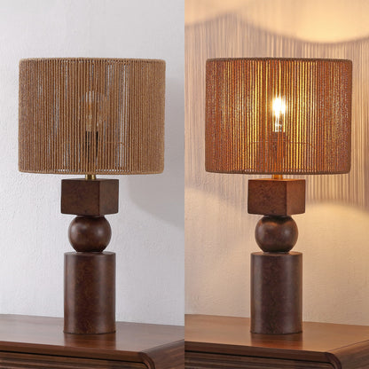 Lilian 24.5" Bohemian Casual Geometric Totem Resin with Hand-Woven Paper Rope Drum Shade LED Table Lamp, Set of 2