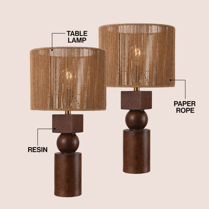 Lilian 24.5" Bohemian Casual Geometric Totem Resin with Hand-Woven Paper Rope Drum Shade LED Table Lamp, Set of 2