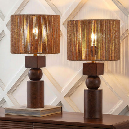 Lilian 24.5" Bohemian Casual Geometric Totem Resin with Hand-Woven Paper Rope Drum Shade LED Table Lamp, Set of 2