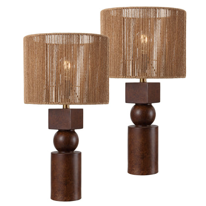 Lilian 24.5" Bohemian Casual Geometric Totem Resin with Hand-Woven Paper Rope Drum Shade LED Table Lamp, Set of 2
