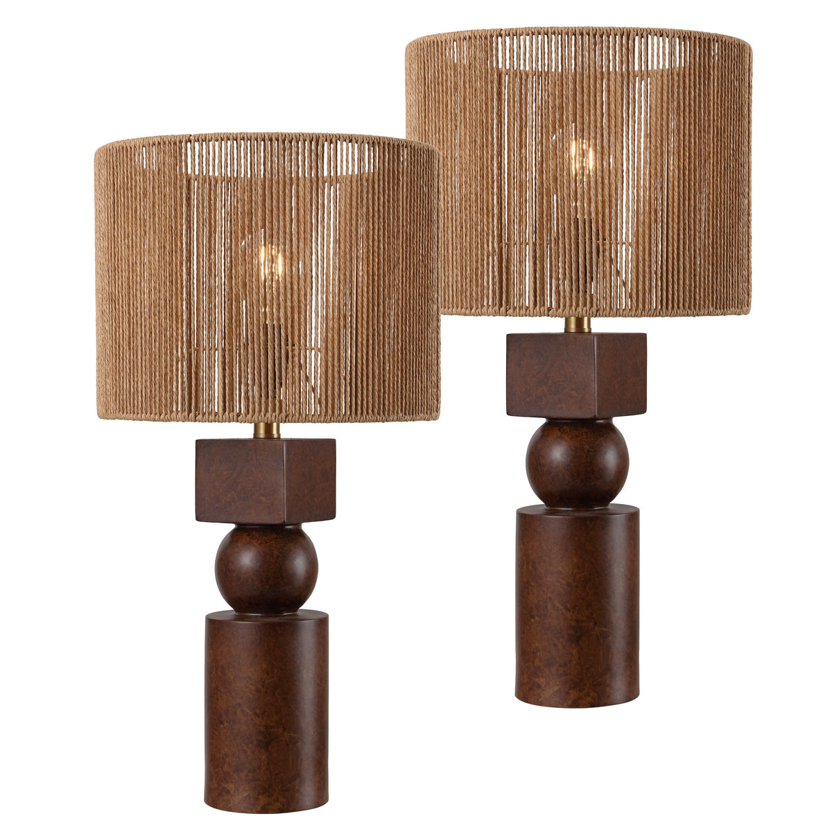 Lilian 24.5" Bohemian Casual Geometric Totem Resin with Hand-Woven Paper Rope Drum Shade LED Table Lamp, Set of 2