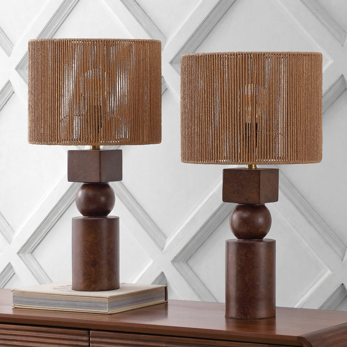 Lilian 24.5" Bohemian Casual Geometric Totem Resin with Hand-Woven Paper Rope Drum Shade LED Table Lamp, Set of 2