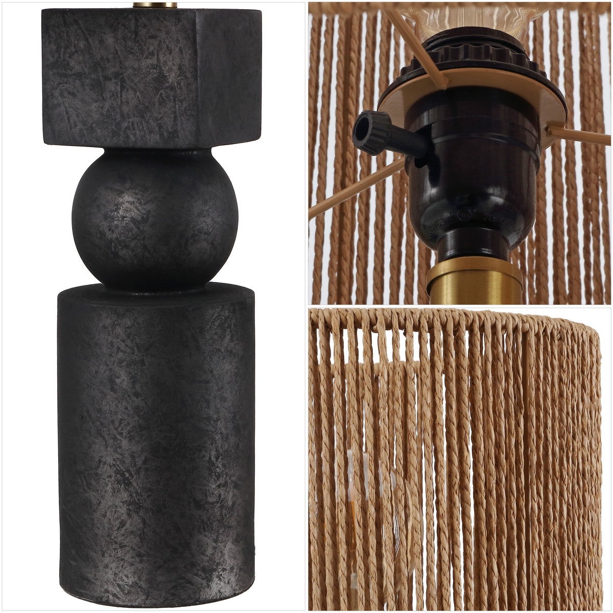 Lilian 24.5" Bohemian Casual Geometric Totem Resin with Hand-Woven Paper Rope Drum Shade LED Table Lamp, Set of 2