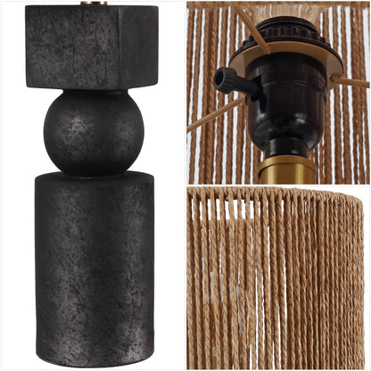 Lilian 24.5" Bohemian Casual Geometric Totem Resin with Hand-Woven Paper Rope Drum Shade LED Table Lamp, Set of 2