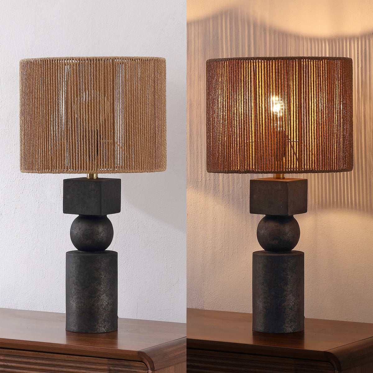 Lilian 24.5" Bohemian Casual Geometric Totem Resin with Hand-Woven Paper Rope Drum Shade LED Table Lamp, Set of 2