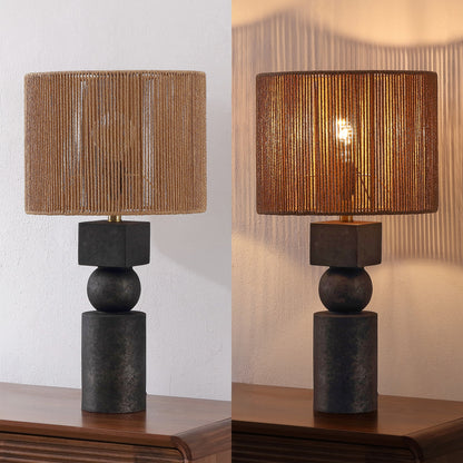 Lilian 24.5" Bohemian Casual Geometric Totem Resin with Hand-Woven Paper Rope Drum Shade LED Table Lamp, Set of 2