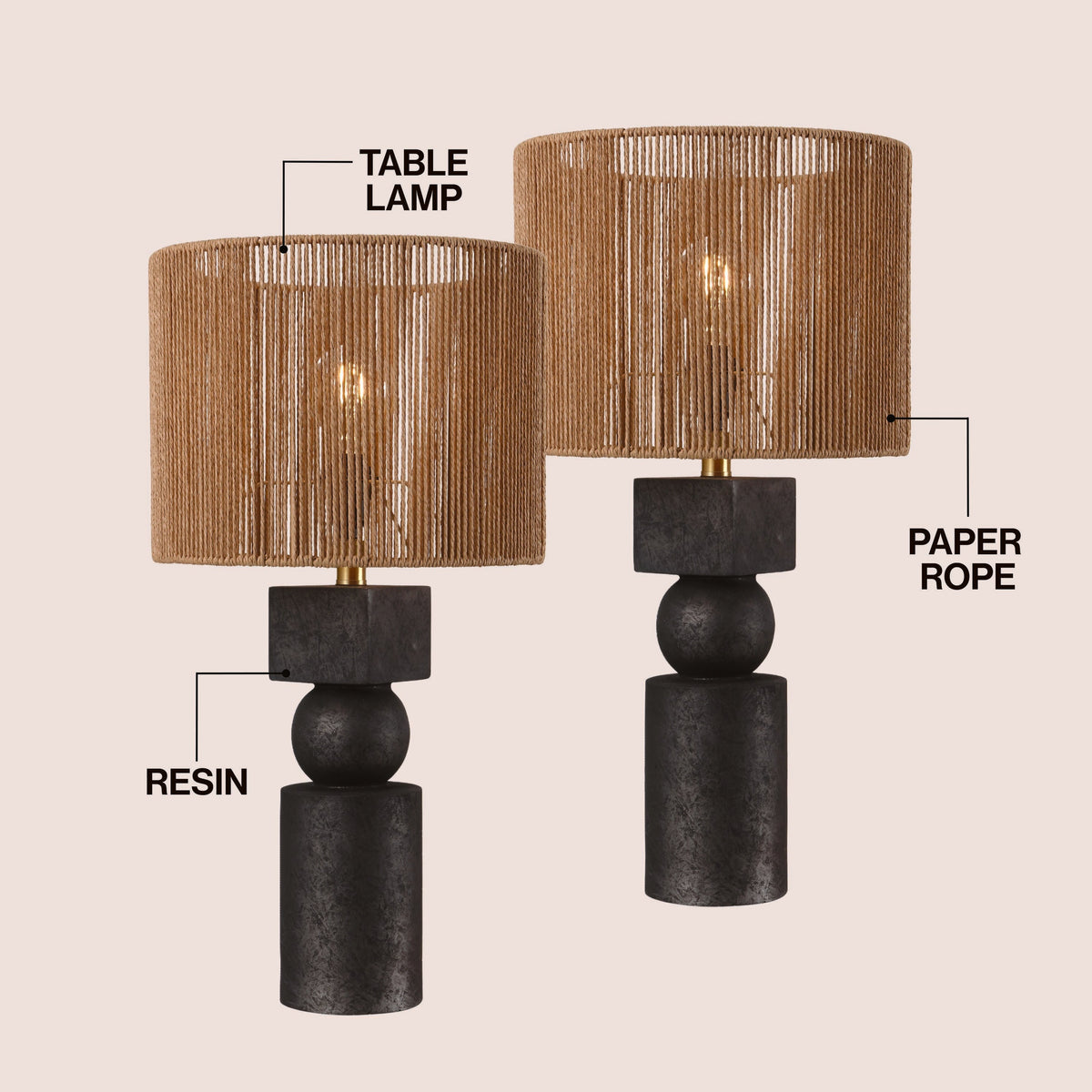 Lilian 24.5" Bohemian Casual Geometric Totem Resin with Hand-Woven Paper Rope Drum Shade LED Table Lamp, Set of 2