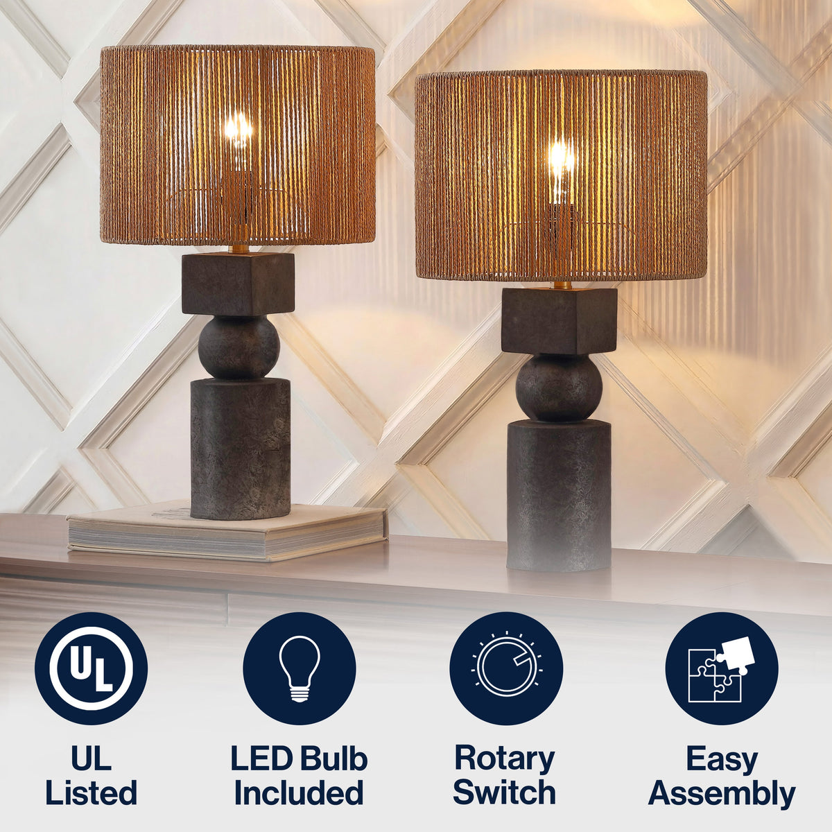 Lilian 24.5" Bohemian Casual Geometric Totem Resin with Hand-Woven Paper Rope Drum Shade LED Table Lamp, Set of 2