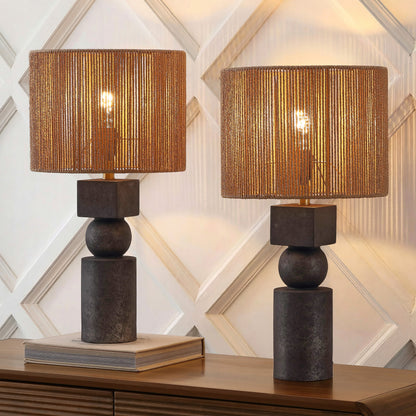 Lilian 24.5" Bohemian Casual Geometric Totem Resin with Hand-Woven Paper Rope Drum Shade LED Table Lamp, Set of 2