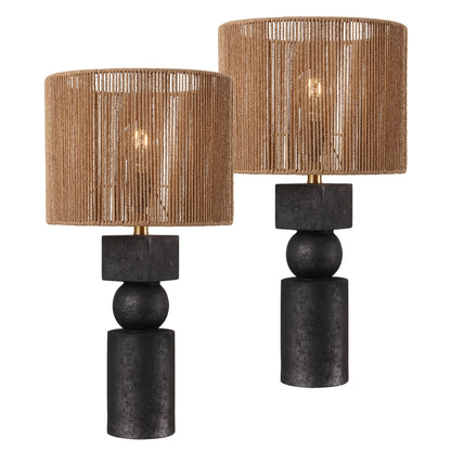 Lilian 24.5" Bohemian Casual Geometric Totem Resin with Hand-Woven Paper Rope Drum Shade LED Table Lamp, Set of 2